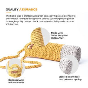 Crochet Sling Bottle Bag Handmade Cotton Water & Wine Bottle Holder (1 Litre) Eco-Friendly Reusable Gift Bag for Travel, Office, Picnic, Gym Yellow & Off White