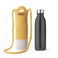 Load image into Gallery viewer, Crochet Sling Bottle Bag Handmade Cotton Water &amp; Wine Bottle Holder (1 Litre) Eco-Friendly Reusable Gift Bag for Travel, Office, Picnic, Gym Yellow &amp; Off White
