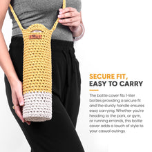 Load image into Gallery viewer, Crochet Sling Bottle Bag Handmade Cotton Water &amp; Wine Bottle Holder (1 Litre) Eco-Friendly Reusable Gift Bag for Travel, Office, Picnic, Gym Yellow &amp; Off White
