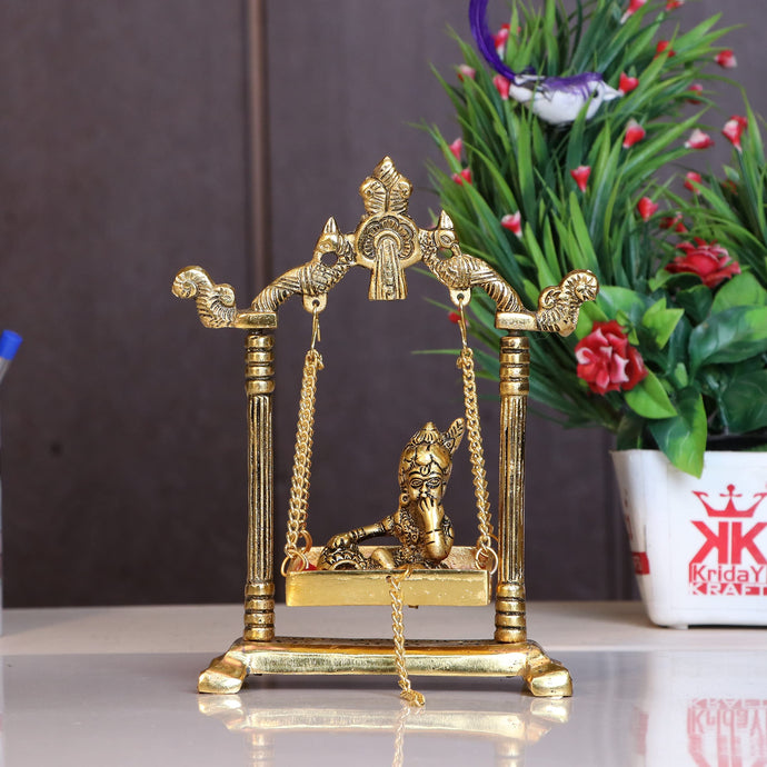 KridayKraft Laddu Gopal on Jhulla Palana Metal Statue Gold Plated Decor Your Home,Office Metal Krishna Murti,Showpiece Figurines,Religious Idol Gift Article.