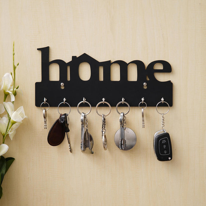 Webelkart Premium Home Keys Wooden Key Holder (29 cm x 13.5 cm x 0.4 cm, Wood) 7 Hook - Decorative Items for Home Decor (Black)