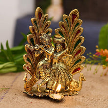 Load image into Gallery viewer, Collectible India Peacock Design Radha Krishna Idol Showpiece with Diya for Puja and Home Decor (8 x 6 Inches), Metal, Gold (1 Piece)
