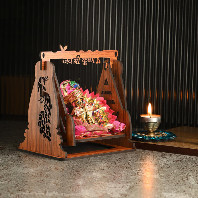 Somil Divine Mandir/Swing/Jhula for Laddu Gopal: A Beautifully Crafted Jhula with A Peaceful and Graceful Jai Shri Krishna Print.