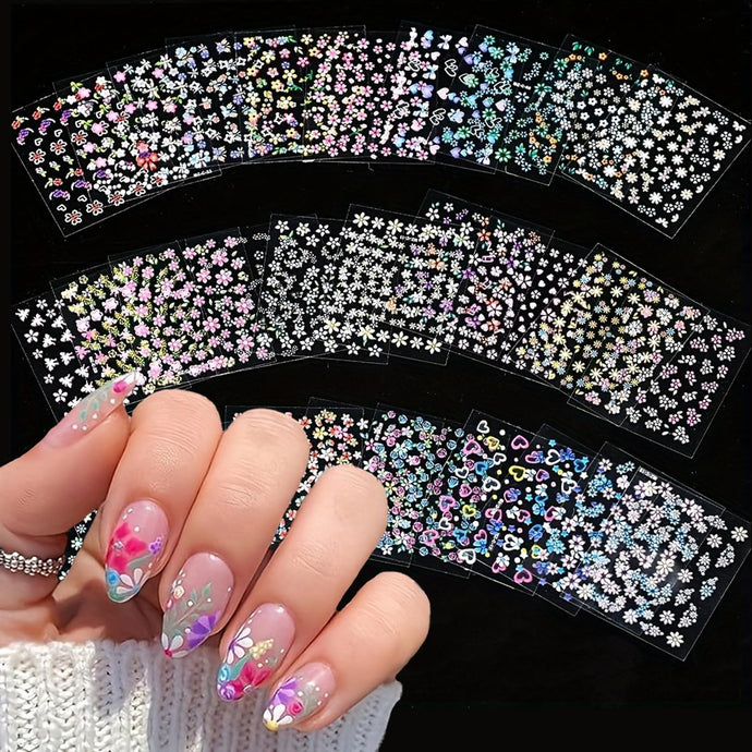 YUISI Mini Flower Nail Art Stickers 30 Sheet Colorful Daisy for Extension Self-Adhesive Embossing DIY Embellishments (Style 1)