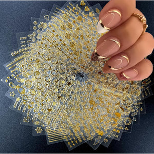 Hyzone Gold Nail Stickers for Nail Art- 30 Sheets Different Designs 3D Self Adhesive Nails Decals Gold Nails Decoration Stickers Manicure Stick On Sticker for Women Wedding, Party, Concerts