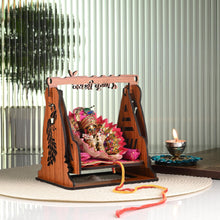 Load image into Gallery viewer, Somil Divine Mandir/Swing/Jhula for Laddu Gopal: A Beautifully Crafted Jhula with A Peaceful and Graceful Jai Shri Krishna Print.
