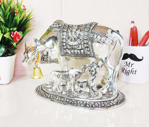 KridayKraft Kamdhenu Cow,Calf with Bal Gopal Krishna Metal Statue for Good Luck,Feng Shui As Table Top Figurine,Vastu,Religious Gau MATA Idol Home,Office&Table Decorative,Animal,17 Cm,13.5 Cm,Silver
