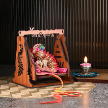 Load image into Gallery viewer, Somil Divine Mandir/Swing/Jhula for Laddu Gopal: A Beautifully Crafted Jhula with A Peaceful and Graceful Jai Shri Krishna Print.

