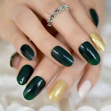 Bottle Green Oval Shape Golden Glitter Readymade Nail Art Artificial/Fake Press on Nails for Girls and Women