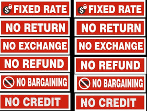 No Refund Fixed Rate No Return No Credit Sticker Signage Sign Warning for Shop office Business - Combo Value Pack