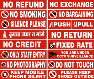 No Credit, No Refund, No Exchange, No Return , No Smoking, Push Pull, Fixed Rate , Silence Please Etc Signage / Stickers for Shop / Office /  Business , Display, Shop Signs Combo of 16 Stickers
