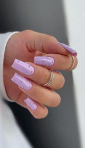 Press On Nails  , Light Purple Square Shape with full Stones Design - 14 Pieces, Ready to Wear Nails for Girls and Women