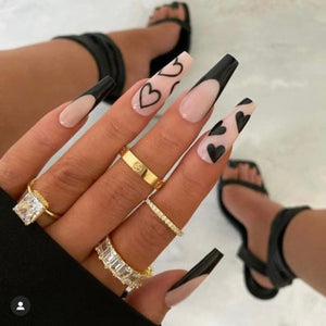 Press On Nails , Long Coffin Black Heart Design - 14 Pieces, Ready to Wear Nails for Girls and Women