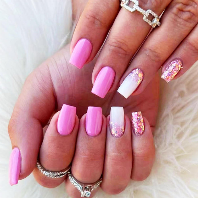 Press On Nails , Bridal Pink with Glitter - 14 Pieces, Ready to Wear Nails for Girls and Women