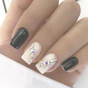 Press On Nails , Dual Shade Black Nude Stone - 14 Pieces, Ready to Wear Nails for Girls and Women