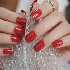 Dark Shiny Wedding Red Square Shape Nail Art Artificial/Fake Press on Nails for Girls and Women