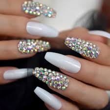 White Coffin Type Shape with Full Stone Nail Art Artificial/Fake Press on Nails for Girls and Women