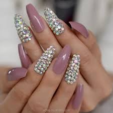 Coffin Shape Premium Light Purple Shade with Stone Nail Art Artificial/Fake Press on Nails for Girls and Women