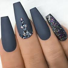 Black Premium Long Party Glitter Stone Readymade Nail Art Artificial/Fake Press on Nails for Girls and Women