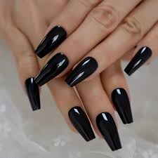 Black Premium Coffin Readymade Nail Art Artificial/Fake Press on Nails for Girls and Women