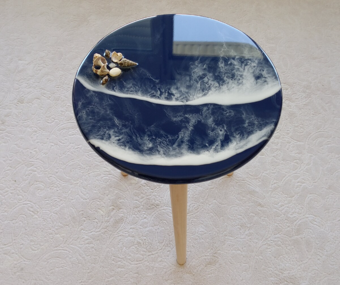Dark Blue Resin Art Table, Epoxy resin Side Table with Waves , Resin Coffee Table, Wooden Side Table, Bedroom Side Table for Bedroom Home Decoration Items
