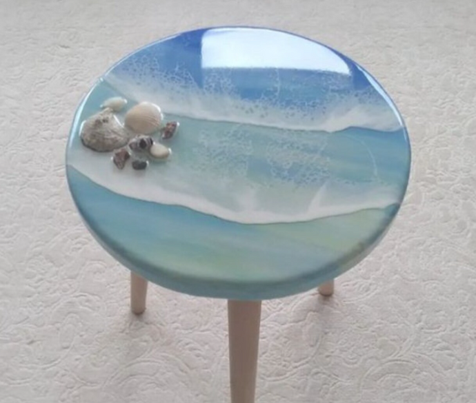 Light Blue River Waves Resin Art Table, Epoxy resin Side Table, Resin Coffee Table, Wooden Side Table, Bedroom Side Table for Bedroom Home Decoration Items
