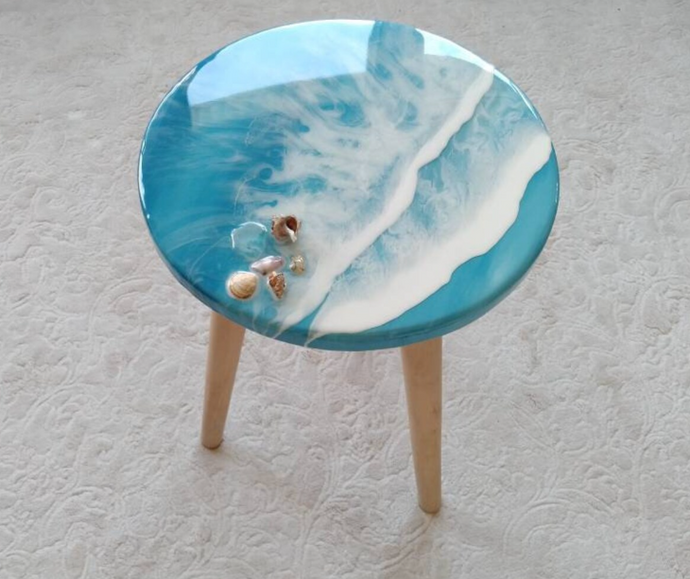 Light Blue Double Wave River Table , Resin Art Table, Epoxy resin Side Table, Resin Coffee Table, Wooden Side Table, Bedroom Side Table for Bedroom Home Decoration Items
