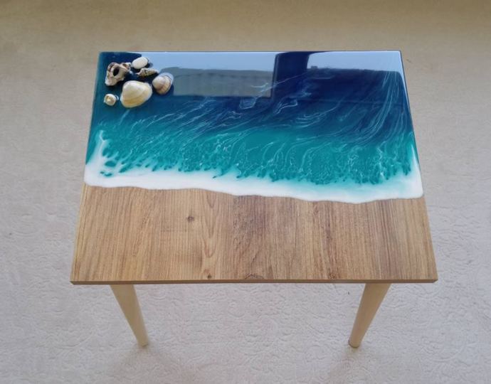 Square shape wave Resin Art Table, Epoxy resin Side Table, Resin Coffee Table, Wooden Side Table, Bedroom Side Table for Bedroom Home Decoration Items