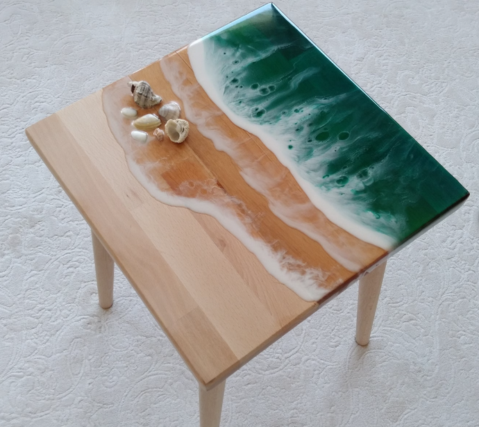 Wooden Beach green Resin Art Table, Epoxy resin Side Table, Resin Coffee Table, Wooden Side Table, Bedroom Side Table for Bedroom Home Decoration Items