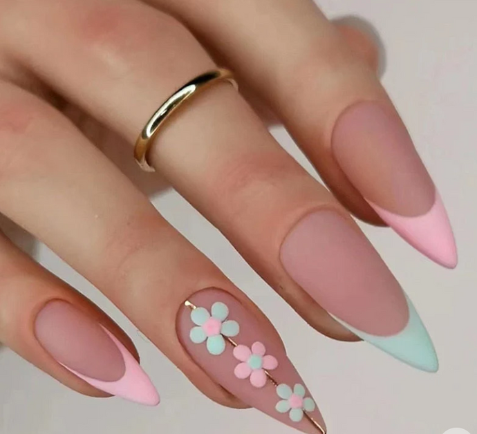 Handmade Artificial / Stick On Nails / Press on Nails for Girls and Women French Pointed new Design With Flowers