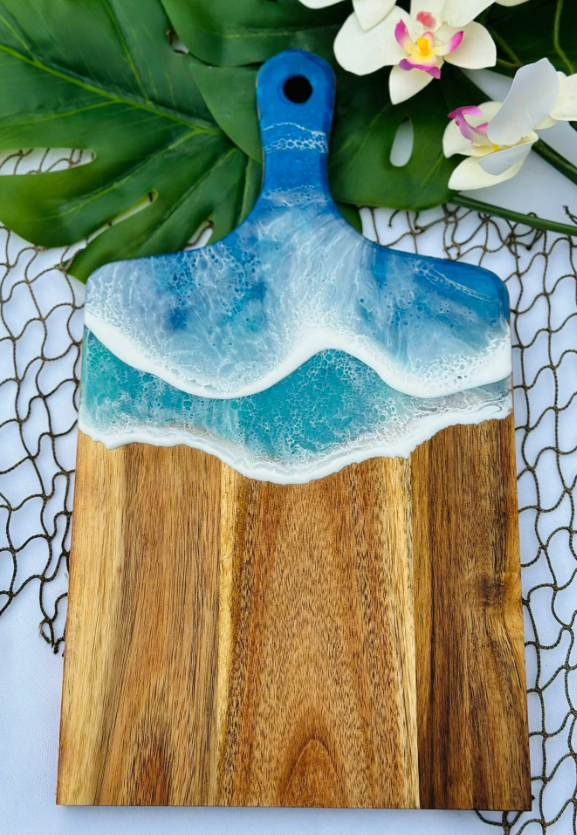 Resin Chopping Or Serving Board, Ocean Inspired Small Charcuterie Board, Resin Wave Serving Board, Cutting Board with Handle, Housewarming Gift, Wedding Gift