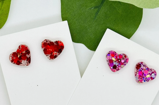 Heart Stud Earrings, Pink and Red Glitter Resin Earrings, , Resin Studs, Resin Earrings, Custom Resin Studs with Glitter - Set of 2