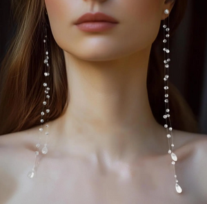 Handmade Resin Dew Drop Long Earrings, Floating Teardrop Dew Earrings Long Invisible Thread with Clear Glass Beads Delicate Water Drop Dangle Jewelry