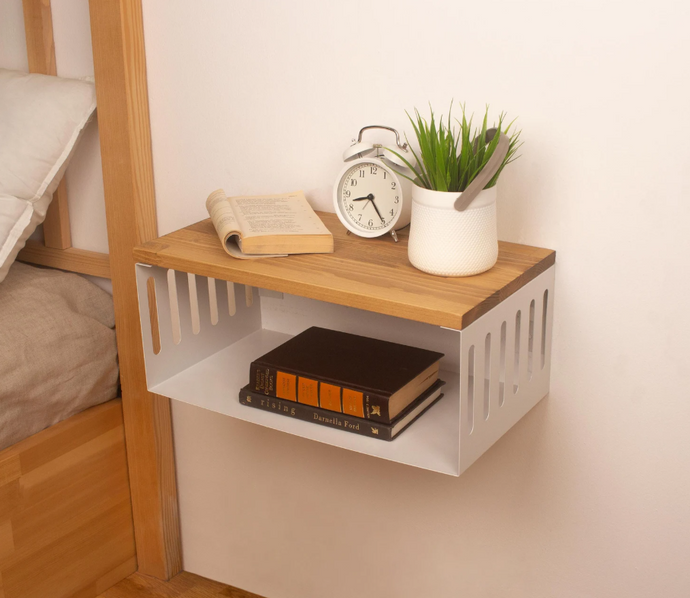Light Brown Floating Nightstand with White Metal Base, Bedside Shelf, Wooden Top and Sturdy Metal Base, Minimalist Bedside Table