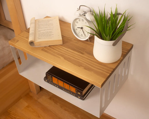 Light Brown Floating Nightstand with White Metal Base, Bedside Shelf, Wooden Top and Sturdy Metal Base, Minimalist Bedside Table
