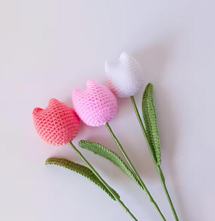 Crochet Tulip Flower, Woolen hand made Tulip Flower, Crochet Tulip Flower | Perfect for Bouquets, Gifts, and Decor | Handmade Tulip Flowers - Pack of 3