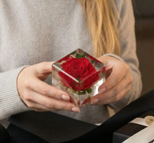Load image into Gallery viewer, Rose in Crystal Cube, Flower in Resin Cube, Valentine Gift , Gift for Couple, Wedding Gift, Anniversary Gift, preserved Fower

