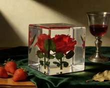 Load image into Gallery viewer, Rose in Crystal Cube, Flower in Resin Cube, Valentine Gift , Gift for Couple, Wedding Gift, Anniversary Gift, preserved Fower
