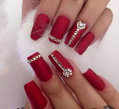 Bridal Red Matte Stone Nail Art Press On/ Fake Nails - Readymade /Ready to wear - for Girls and Women