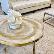 Load image into Gallery viewer, Luxury Resin geode accent end table. Moonstone white and gold agate style decorative table with gold hairpin legs. Custom colors available
