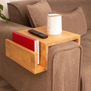 Wooden Handcrafter Sofa Arm Rest Table with Magazine Stand, Modern Wood Armrest Table, Sofa Arm Tray Table, Handmade Couch Tray, Custom Wood Sofa Arm Table