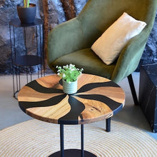 Load image into Gallery viewer, Small round coffee table, low wood end table, round accent epoxy coffee table, natural wood rustic end table, resin living room table
