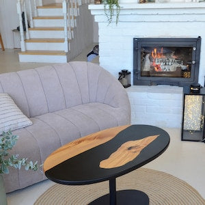 Epoxy Resin Black oval coffee table, rustic home decor, wooden side table, accent table, unique coffee table, rustic table, black river epoxy table