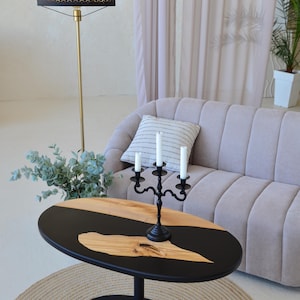 Epoxy Resin Black oval coffee table, rustic home decor, wooden side table, accent table, unique coffee table, rustic table, black river epoxy table