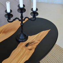 Load image into Gallery viewer, Epoxy Resin Black oval coffee table, rustic home decor, wooden side table, accent table, unique coffee table, rustic table, black river epoxy table
