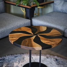 Load image into Gallery viewer, Small round coffee table, low wood end table, round accent epoxy coffee table, natural wood rustic end table, resin living room table
