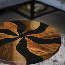 Load image into Gallery viewer, Small round coffee table, low wood end table, round accent epoxy coffee table, natural wood rustic end table, resin living room table
