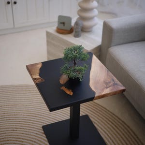 Black coffee table, square epoxy side table, living room decor, natural wood table, small resin end table, wood sofa table, gift for home