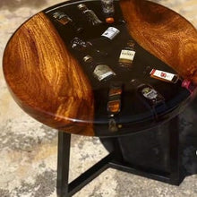 Load image into Gallery viewer, Unique Handmade Resin Side or coffee Table, With Bottles inside  Fully Customizable- any size,shape, height, base style.
