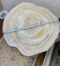 Load image into Gallery viewer, Luxury Resin geode accent end table. Moonstone white and gold agate style decorative table with gold hairpin legs. Custom colors available
